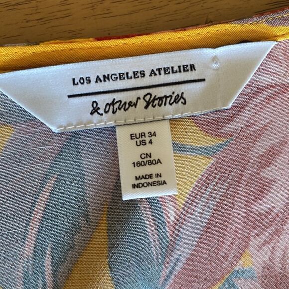 & Other Stories Golden Yellow Floral Faux Wrap Mini Dress Size 4 - Picture 7 of 14